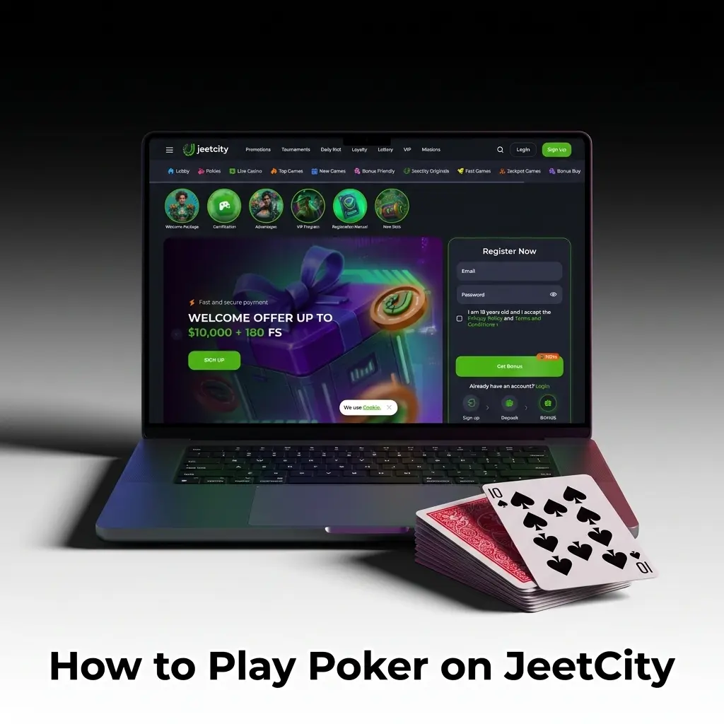 Step-by-step guide showing how to register, deposit, claim a bonus and start playing poker on JeetCity casino.